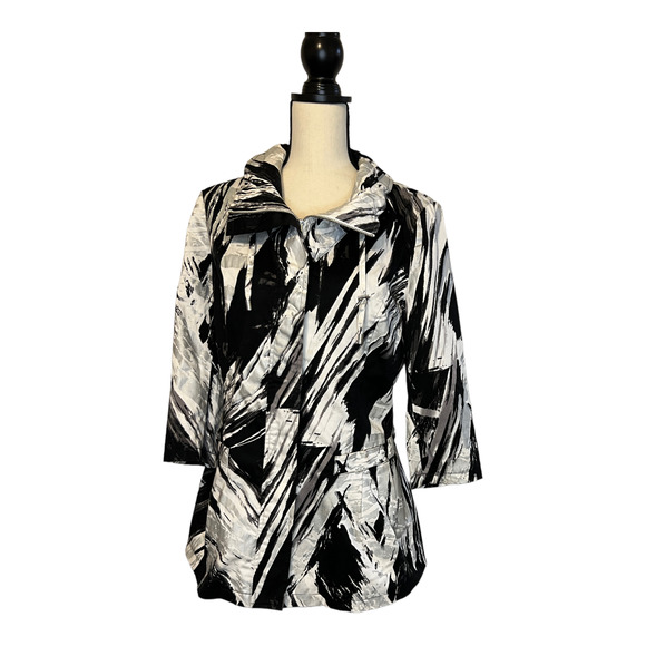 BEREK2 Black White Abstract Print Collar Zip Jacket Neiman Marcus Size Medium - Picture 2 of 6